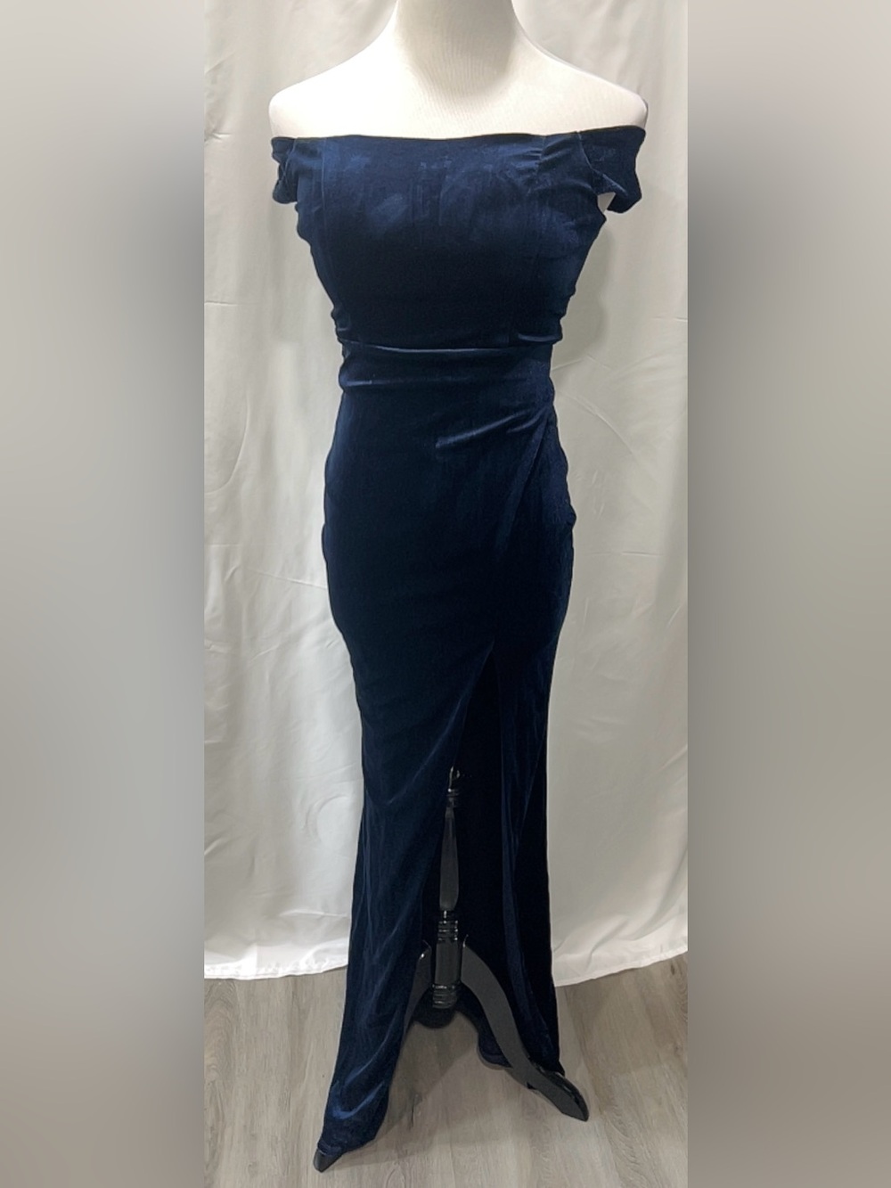 Crystal Doll Navy Velvet Off The Shoulder Formal Maxi Evening Gown Dress Size 1